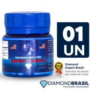 Pote azul de Colágeno Tipo 2 Pro Expert Diamond, suplemento alimentar em cápsulas com 10 unidades, apresentando selo de satisfação 100% garantida da Diamond Expert Brasil.