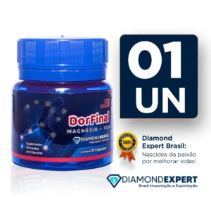 Pote azul do suplemento alimentar DorFinal Magnésio + PEA com 17 cápsulas, exibindo o selo de garantia Diamond Brasil e indicação de 01 unidade.