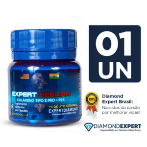 Frasco azul do suplemento Expert Berlian Colágeno Tipo 2 Pro + PEA contendo 10 cápsulas. Exibe selo de produto original Expert Diamond e indicação de 01 unidade da Diamond Expert Brasil.