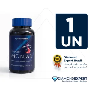 Pote de Expert Monjar, suplemento alimentar em cápsulas contendo 60 unidades de 400mg cada, com selo de garantia de 100% satisfação da Diamond Expert Brasil.