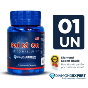 Frasco azul do suplemento Pai tá On para libido masculino contendo 60 cápsulas, da Diamond Expert Brasil, com selo de 100% de satisfação garantida.