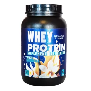 Pote de 900g de Whey Protein Diamond Expert sabor Baunilha. Suplemento alimentar com 25g de proteínas por porção e imagem ilustrativa de flor de baunilha.