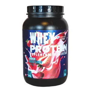 Pote de 900g de Whey Protein Diamond Expert sabor Morango. Suplemento alimentar com 25g de proteínas por porção e imagem ilustrativa de Morango.