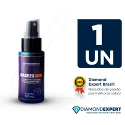 Frasco spray de Magflex MSM, loção para massagem corporal com Cloreto de Magnésio e MSM, frasco de 60ml da marca Diamond Expert Brasil com selo de 100% de satisfação.