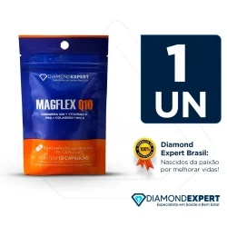 Embalagem azul e laranja do suplemento alimentar Magflex Q10 contendo 15 cápsulas. O rótulo destaca Coenzima Q10, Vitamina D, PEA e Colágeno Tipo II. Inclui selo de 100% satisfação Diamond Expert Brasil.