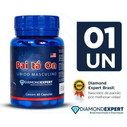 Frasco azul do suplemento Pai tá On para libido masculino contendo 60 cápsulas, da Diamond Expert Brasil, com selo de 100% de satisfação garantida.