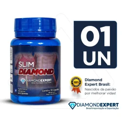 Frasco azul do suplemento alimentar Slim Diamond contendo 10 cápsulas de 500mg cada, focado em emagrecimento, da marca Diamond Expert Brasil com selo de 100% de satisfação.