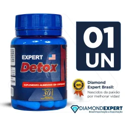 Pote azul de Expert Detox, suplemento alimentar em cápsulas com 30 unidades de 500mg cada, da Diamond Expert Brasil.