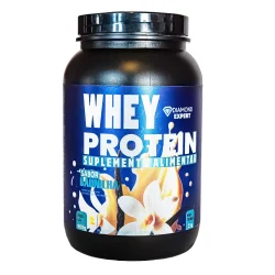 Pote de 900g de Whey Protein Diamond Expert sabor Baunilha. Suplemento alimentar com 25g de proteínas por porção e imagem ilustrativa de flor de baunilha.